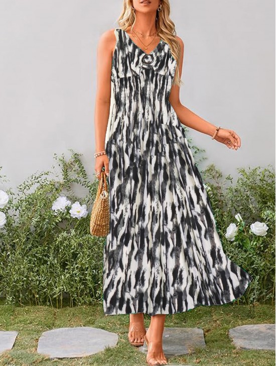 Abstract V -Neck Sleeveless Summer Dress